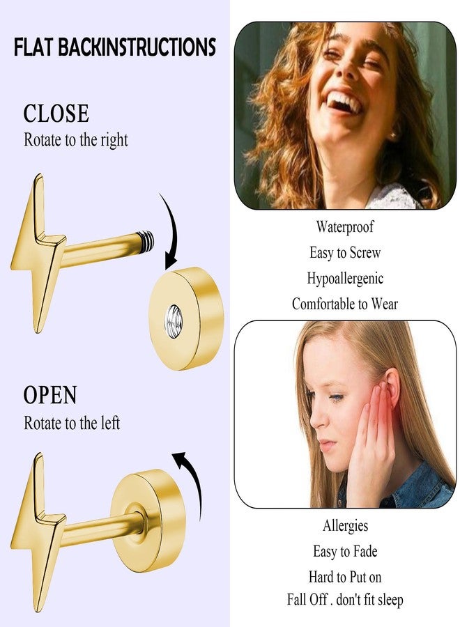 ZDE Titanium Women Flatback Earrings Celestial Lightning Bolt Stud Earrings 5mm Flat Back CZ Earrings Hypoallergenic Cartilage Flatback Earring Tragus Helix Tragus Conch Piercing (Gold) - Image 3
